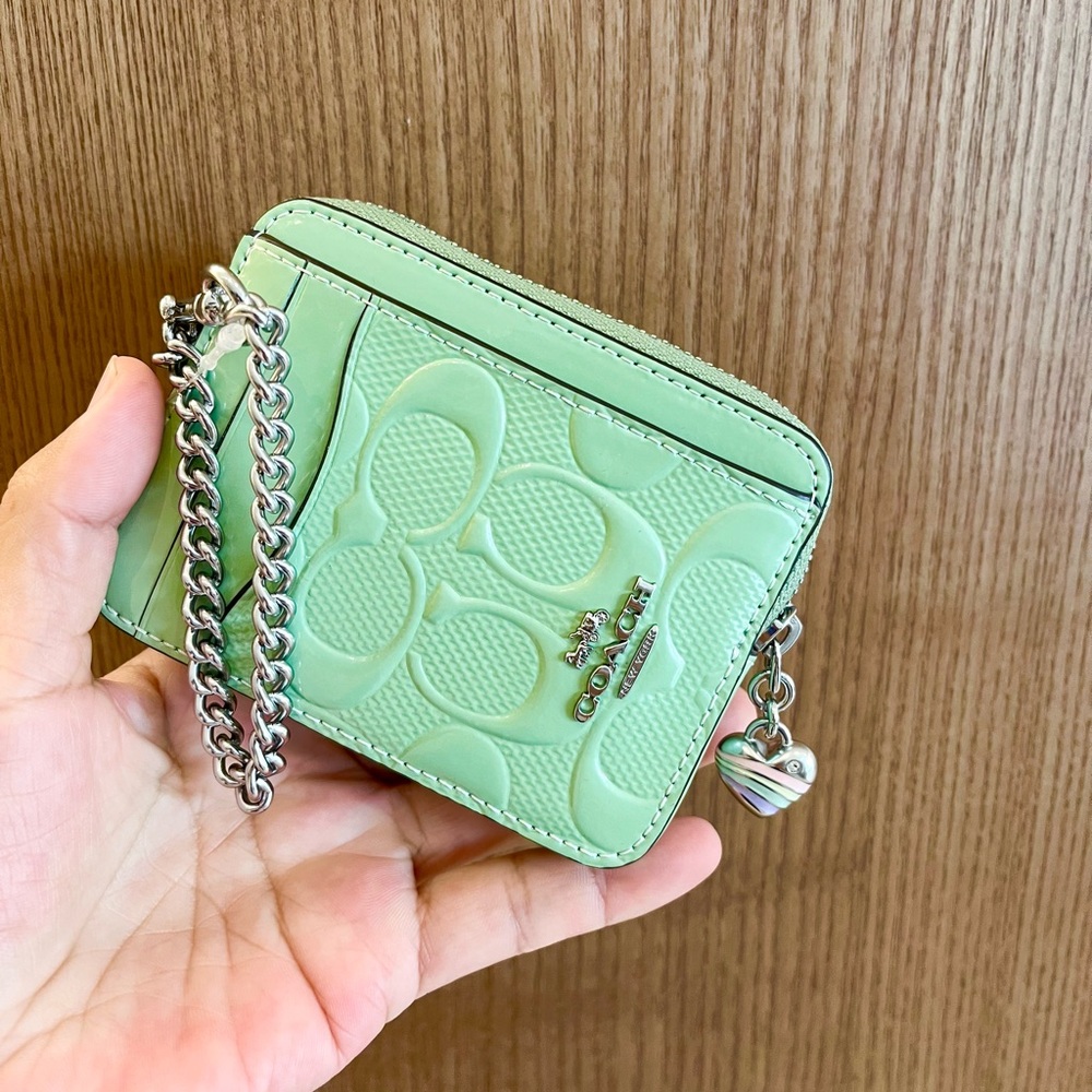 Coach Mint Green Zip Card Case with Chain - Picture 2 of 7